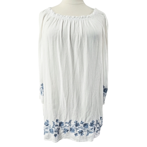J. Jill White Embroidered Crinkle Gauze Peasant Tunic Beachy Boho Vacation - Picture 1 of 8